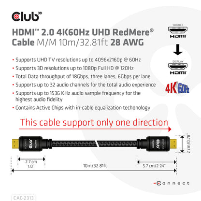 CLUB3D HDMI 2.0 4K60Hz RedMere Kabel 10 meter, 10 m, HDMI Type A (Standaard), HDMI Type A (Standaard), 3D, 18 Gbit/s, Zwart