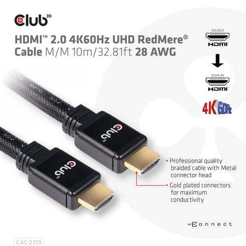 CLUB3D HDMI 2.0 4K60Hz RedMere Kabel 10 meter, 10 m, HDMI Type A (Standaard), HDMI Type A (Standaard), 3D, 18 Gbit/s, Zwart