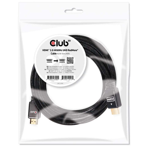 CLUB3D HDMI 2.0 4K60Hz UHD RedMere Kabel 15 meter, 15 m, HDMI Type A (Standaard), HDMI Type A (Standaard), 3D, 18 Gbit/s, Zwart