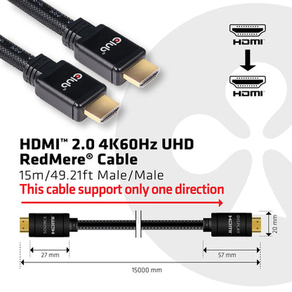 CLUB3D HDMI 2.0 4K60Hz UHD RedMere Kabel 15 meter, 15 m, HDMI Type A (Standaard), HDMI Type A (Standaard), 3D, 18 Gbit/s, Zwart