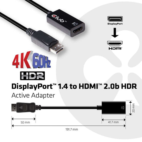 CLUB3D DisplayPort 1.4 to HDMI 2.0b HDR Active Adapter, DisplayPort 1.4, HDMI 2.0b, Zwart