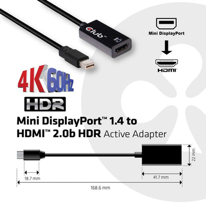 CLUB3D Mini DisplayPort 1.4 to HDMI 2.0b HDR Active Adapter, Min iDisplayPort 1.4, HDMI 2.0b, Zwart