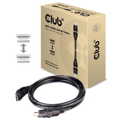 CLUB3D HDMI 2.0 4K60Hz UHD 360 Graden roterende kabel 2 meter, 2 m, HDMI Type A (Standaard), HDMI Type A (Standaard), 4096 x 2160 Pixels, 3D, Zwart