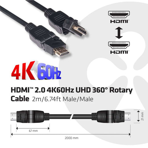 CLUB3D HDMI 2.0 4K60Hz UHD 360 Graden roterende kabel 2 meter, 2 m, HDMI Type A (Standaard), HDMI Type A (Standaard), 4096 x 2160 Pixels, 3D, Zwart