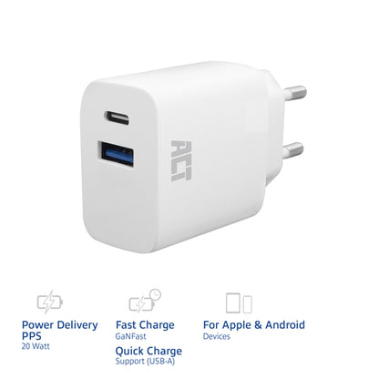 ACT USB-C & USB-A lader 20W met Power Delivery PPS, Quick Charge, GaNFast, Auto, AC, 12 V, 1,67 A, Wit