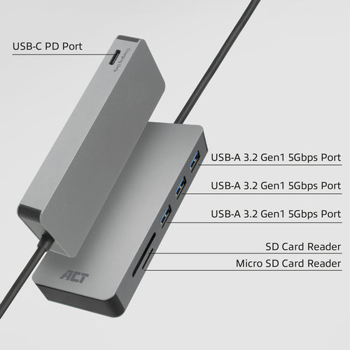 ACT USB-C hub 3.0, 3x USB-A, cardreader, PD pass-through, USB 3.2 Gen 1 (3.1 Gen 1) Type-C, USB 3.2 Gen 1 (3.1 Gen 1) Type-A, USB 3.2 Gen 1 (3.1 Gen 1) Type-C, MicroSD (TransFlash), SD, 5000 Mbit/s, Grijs, Aluminium