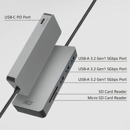 ACT USB-C hub 3.0, 3x USB-A, cardreader, PD pass-through, USB 3.2 Gen 1 (3.1 Gen 1) Type-C, USB 3.2 Gen 1 (3.1 Gen 1) Type-A, USB 3.2 Gen 1 (3.1 Gen 1) Type-C, MicroSD (TransFlash), SD, 5000 Mbit/s, Grijs, Aluminium