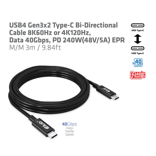 CLUB3D USB4 Gen3x2 Type-C Bi-Directional Cable 8K60Hz or 4K120Hz, Data 40Gbps, PD 240W(48V/5A) EPR M/M 3m / 9.84ft, 3 m, USB C, USB C, USB4 Gen 3x2, 40 Gbit/s, Zwart