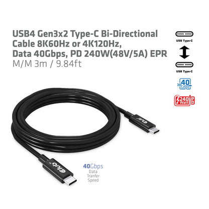 CLUB3D USB4 Gen3x2 Type-C Bi-Directional Cable 8K60Hz or 4K120Hz, Data 40Gbps, PD 240W(48V/5A) EPR M/M 3m / 9.84ft, 3 m, USB C, USB C, USB4 Gen 3x2, 40 Gbit/s, Zwart