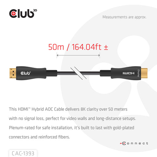 CLUB3D HDMIâ¢ Hybrid AOC Cable 8K60Hz/4K120Hz 50m / 164.04ft, 50 m, HDMI Type A (Standaard), HDMI Type A (Standaard)