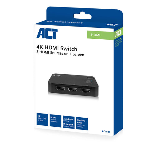 ACT 4K HDMI Switch 3x1, HDMI, Zwart, 60 Hz, 1920 x 1080 (HD 1080), 3840 x 2160, 1080p, 2160p, 4096 x 2160 Pixels