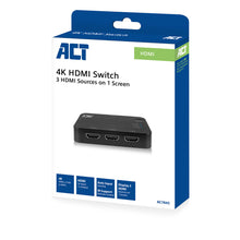 ACT 4K HDMI Switch 3x1, HDMI, Zwart, 60 Hz, 1920 x 1080 (HD 1080), 3840 x 2160, 1080p, 2160p, 4096 x 2160 Pixels