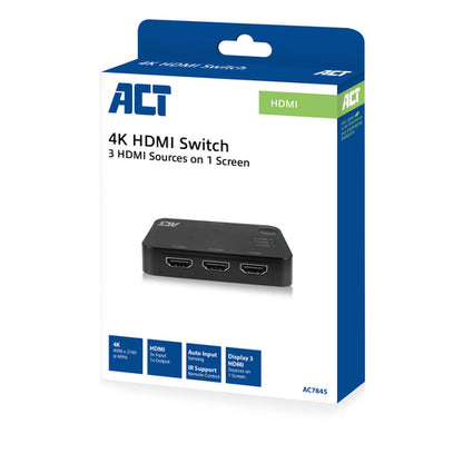 ACT 4K HDMI Switch 3x1, HDMI, Zwart, 60 Hz, 1920 x 1080 (HD 1080), 3840 x 2160, 1080p, 2160p, 4096 x 2160 Pixels