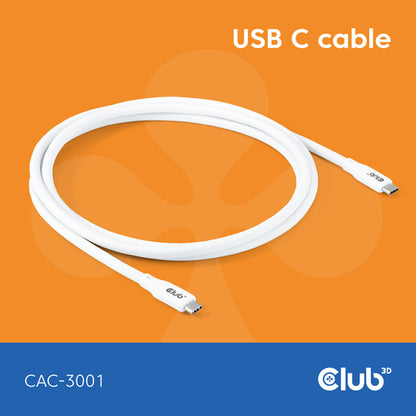 CLUB3D USB C oplaadkabel wit siliconen & tangle-free, 2 m, USB C, USB C, USB4 Gen 3x2
