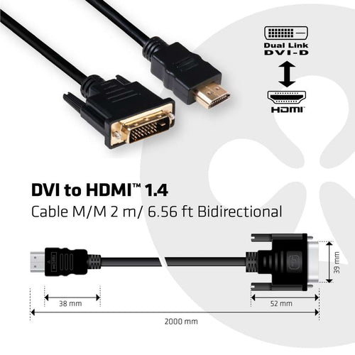 CLUB3D DVI to HDMI 1.4 Cable M/M 2 meter Bidirectional, DVI Dual Link, HDMI 1.4, 2 m, Zwart