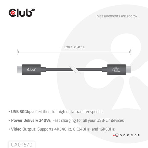 CLUB3D USB 80Gbps Certified 240W 8K240Hz Type-CÂ® 1.2m / 3.94ft Black Cable, 2 g, 45 g, 10 g, 225 g, 8544 4290