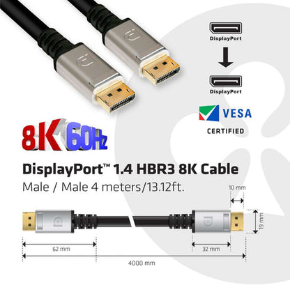 CLUB3D DisplayPort 1.4 HBR3 8K Kabel M/M 4meter, 4 m, DisplayPort, DisplayPort, Mannelijk, Mannelijk, 7680 x 4320 Pixels