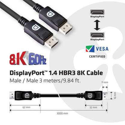 CLUB3D DisplayPort 1.4 HBR3 8K Kabel Male/Male 3 meter, 3 m, DisplayPort, DisplayPort, Mannelijk, Mannelijk, 7680 x 4320 Pixels