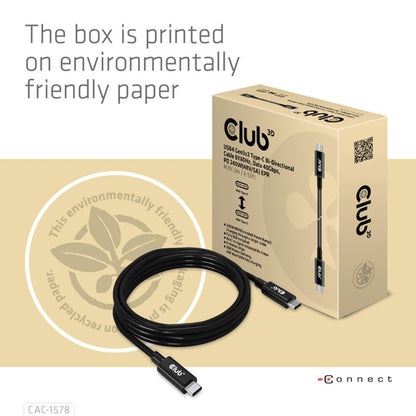 CLUB3D USB4 Gen3x2 Type-C Bi-Directional Cable 8K60Hz, Data 40Gbps, PD 240W(48V/5A) EPR M/M 2m / 6.56ft, 2 m, USB C, USB C, USB4 Gen 3x2, 40 Gbit/s, Zwart