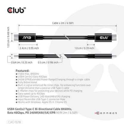 CLUB3D USB4 Gen3x2 Type-C Bi-Directional Cable 8K60Hz, Data 40Gbps, PD 240W(48V/5A) EPR M/M 2m / 6.56ft, 2 m, USB C, USB C, USB4 Gen 3x2, 40 Gbit/s, Zwart