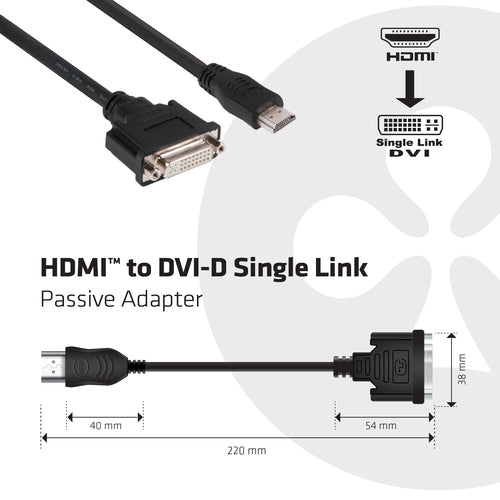 CLUB3D HDMI to DVI Single Link Passive Adapter, 0,40 m, HDMI, DVI, Mannelijk, Vrouwelijk, 1920 x 1200 Pixels