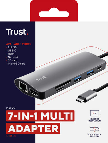 Trust DALYX 7-IN-1 USB-C ADAPTER, USB Type-C, HDMI, RJ-45, USB 3.2 Gen 1 (3.1 Gen 1), Aluminium, China, 115 mm, 50 mm