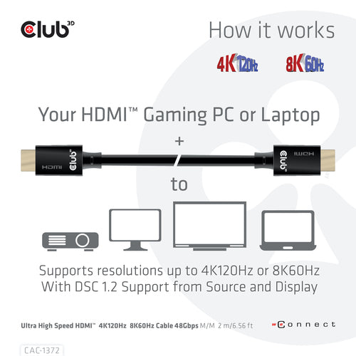 CLUB3D Ultra High Speed HDMI 4K120Hz, 144Hz Certified Cable 48Gbps M/M 2 m / 6.56 ft, 2 m, HDMI Type A (Standaard), HDMI Type A (Standaard), 10240 x 4320 Pixels, 3D, Zwart