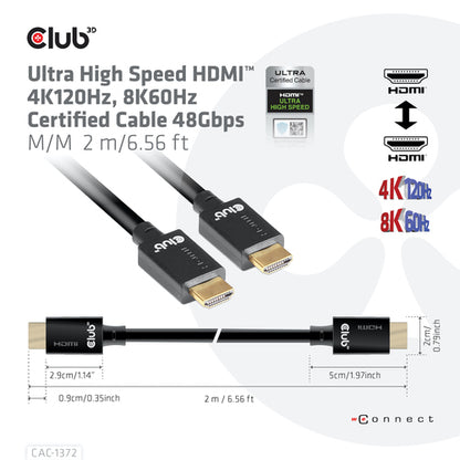 CLUB3D Ultra High Speed HDMI 4K120Hz, 144Hz Certified Cable 48Gbps M/M 2 m / 6.56 ft, 2 m, HDMI Type A (Standaard), HDMI Type A (Standaard), 10240 x 4320 Pixels, 3D, Zwart