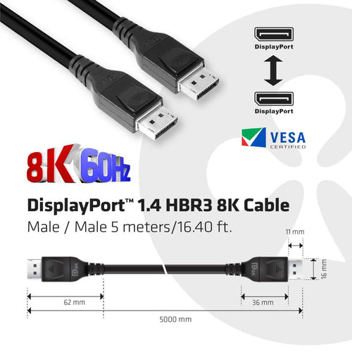 CLUB3D DisplayPort 1.4 HBR3 8K Kabel M/M 5 meter, 5 m, DisplayPort, DisplayPort, Mannelijk, Mannelijk, 7680 x 4320 Pixels