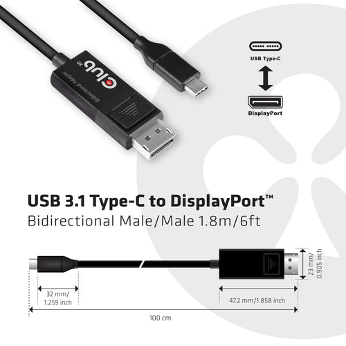 CLUB3D USB Type C Cable naar DP 1.4 8K60Hz M/M 1.8m, USB C, Displayport 1.4, 1,8 m, Zwart
