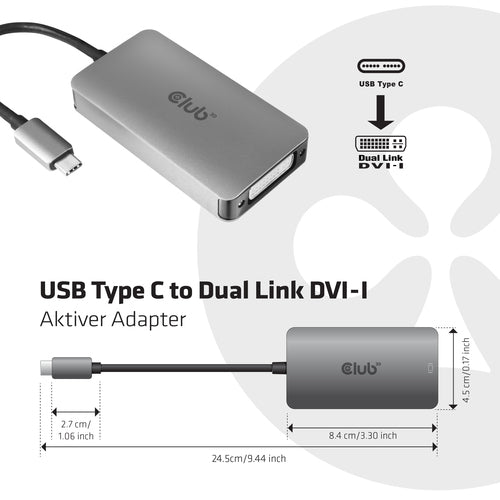 CLUB3D USB3.2 Gen1 Type-C to Dual Link DVI-D HDCP AAN versie Actieve Adapter M/V, USB C, DVI-D Dual link, Grijs