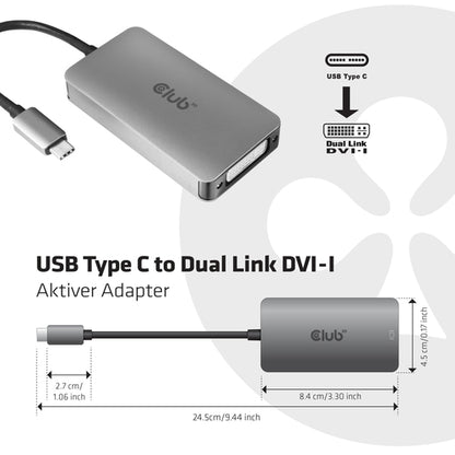 CLUB3D USB3.2 Gen1 Type-C to Dual Link DVI-D HDCP AAN versie Actieve Adapter M/V, USB C, DVI-D Dual link, Grijs