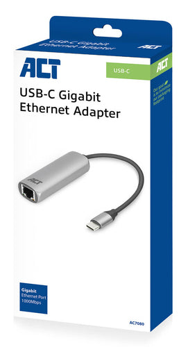 ACT USB-C naar Gigabit ethernet adapter, USB Type-C, RJ-45, Man, Grijs, Realtek USB GbE Ethernet, 125 mm