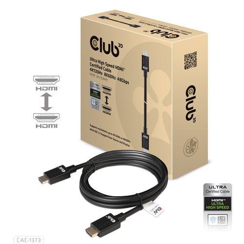 CLUB3D Ultra High Speed ââHDMIâ¢2.1 gecertificeerde kabel 4K120Hz, 8K60Hz 48Gbps M/V 3 meter, 3 m, HDMI, HDMI, 48 Gbit/s, Zwart