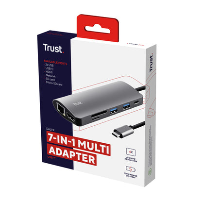 Trust DALYX 7-IN-1 USB-C ADAPTER, USB Type-C, HDMI, RJ-45, USB 3.2 Gen 1 (3.1 Gen 1), Aluminium, China, 115 mm, 50 mm