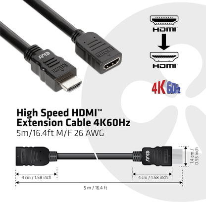CLUB3D High Speed HDMIâ¢ Extension Cable 4K60Hz M/F 5m/16.4ft 26 AWG, 5 m, HDMI Type A (Standaard), HDMI Type A (Standaard), 3D, 18 Gbit/s, Zwart