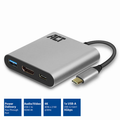 ACT USB-C multiport adapter voor 1 HDMI monitor, 1x USB-A, PD pass-through, 3.2 Gen 1 (3.1 Gen 1), USB Type-C, HDMI-uitgang, 4096 x 2160 Pixels