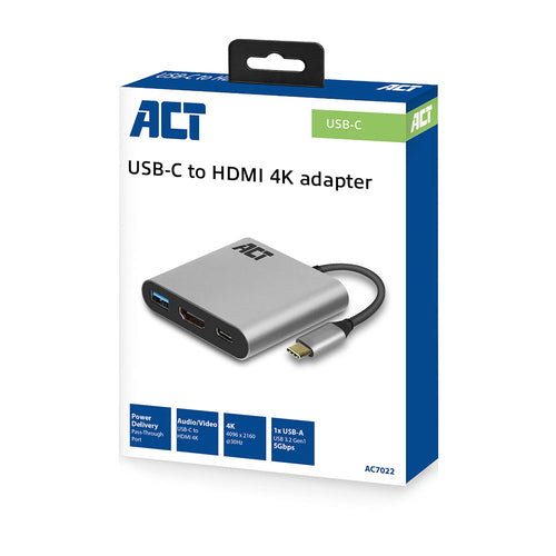 ACT USB-C multiport adapter voor 1 HDMI monitor, 1x USB-A, PD pass-through, 3.2 Gen 1 (3.1 Gen 1), USB Type-C, HDMI-uitgang, 4096 x 2160 Pixels