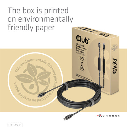CLUB3D USB 3.2 Gen2 Type C naar C Actieve Bi-directionele Kabel 8K60Hz (alt modus) M/M 5m/16.4ft, 5 m, USB C, USB C, USB 3.2 Gen 2 (3.1 Gen 2), 10 Gbit/s, Zwart