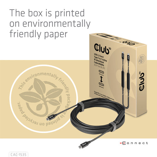 CLUB3D USB 3.2 Gen2 Type C naar C Actieve Bi-directionele Kabel 8K60Hz (alt modus) M/M 5m/16.4ft, 5 m, USB C, USB C, USB 3.2 Gen 2 (3.1 Gen 2), 10 Gbit/s, Zwart