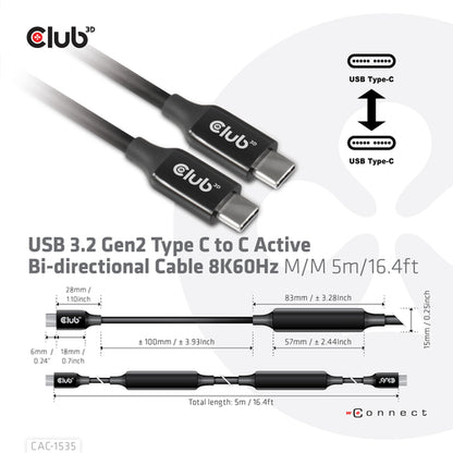 CLUB3D USB 3.2 Gen2 Type C naar C Actieve Bi-directionele Kabel 8K60Hz (alt modus) M/M 5m/16.4ft, 5 m, USB C, USB C, USB 3.2 Gen 2 (3.1 Gen 2), 10 Gbit/s, Zwart