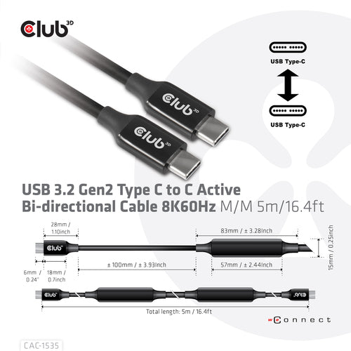 CLUB3D USB 3.2 Gen2 Type C naar C Actieve Bi-directionele Kabel 8K60Hz (alt modus) M/M 5m/16.4ft, 5 m, USB C, USB C, USB 3.2 Gen 2 (3.1 Gen 2), 10 Gbit/s, Zwart