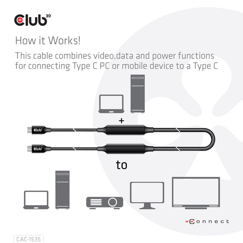 CLUB3D USB 3.2 Gen2 Type C naar C Actieve Bi-directionele Kabel 8K60Hz (alt modus) M/M 5m/16.4ft, 5 m, USB C, USB C, USB 3.2 Gen 2 (3.1 Gen 2), 10 Gbit/s, Zwart