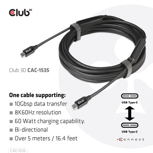 CLUB3D USB 3.2 Gen2 Type C naar C Actieve Bi-directionele Kabel 8K60Hz (alt modus) M/M 5m/16.4ft, 5 m, USB C, USB C, USB 3.2 Gen 2 (3.1 Gen 2), 10 Gbit/s, Zwart