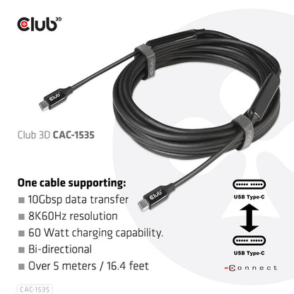 CLUB3D USB 3.2 Gen2 Type C naar C Actieve Bi-directionele Kabel 8K60Hz (alt modus) M/M 5m/16.4ft, 5 m, USB C, USB C, USB 3.2 Gen 2 (3.1 Gen 2), 10 Gbit/s, Zwart