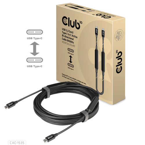 CLUB3D USB 3.2 Gen2 Type C naar C Actieve Bi-directionele Kabel 8K60Hz (alt modus) M/M 5m/16.4ft, 5 m, USB C, USB C, USB 3.2 Gen 2 (3.1 Gen 2), 10 Gbit/s, Zwart