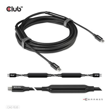 CLUB3D USB 3.2 Gen2 Type C naar C Actieve Bi-directionele Kabel 8K60Hz (alt modus) M/M 5m/16.4ft, 5 m, USB C, USB C, USB 3.2 Gen 2 (3.1 Gen 2), 10 Gbit/s, Zwart