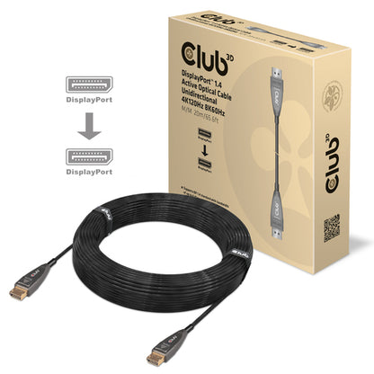CLUB3D DisplayPort 1.4 Active Optical Cable Unidirectional 4K120Hz 8K60Hz M/M 20m/65.62ft, 20 m, DisplayPort, DisplayPort, Mannelijk, Mannelijk, 7680 x 4320 Pixels