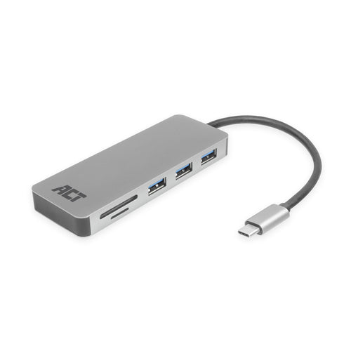 ACT USB-C hub 3.0, 3x USB-A, cardreader, PD pass-through, USB 3.2 Gen 1 (3.1 Gen 1) Type-C, USB 3.2 Gen 1 (3.1 Gen 1) Type-A, USB 3.2 Gen 1 (3.1 Gen 1) Type-C, MicroSD (TransFlash), SD, 5000 Mbit/s, Grijs, Aluminium