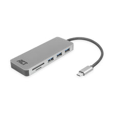 ACT USB-C hub 3.0, 3x USB-A, cardreader, PD pass-through, USB 3.2 Gen 1 (3.1 Gen 1) Type-C, USB 3.2 Gen 1 (3.1 Gen 1) Type-A, USB 3.2 Gen 1 (3.1 Gen 1) Type-C, MicroSD (TransFlash), SD, 5000 Mbit/s, Grijs, Aluminium